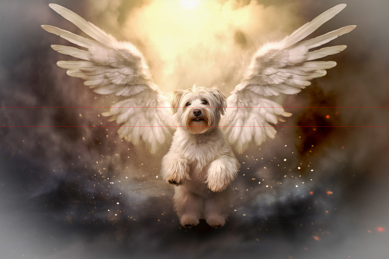 In this picture, a fluffy Wheaten Terrier with large, feathered angel wings hovers mid-air against a dramatic, cloudy background with bright light shining from above. The dog appears illuminated by the light, giving it a celestial appearance, with sparks of light scattered around.