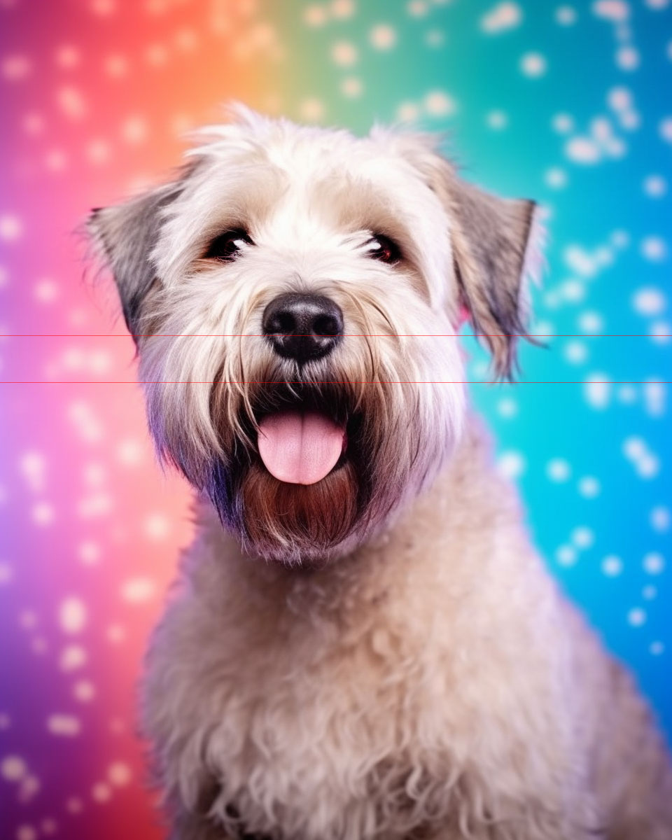 In this picture, a fluffy, Wheaten Terrier with a light colored curly coat is sitting against a vibrant, rainbow-colored background with small white bokeh lights. Wheatie has a happy face with tongue out, looks like a birthday party.
