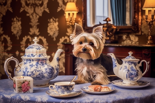 A picture of a small Yorkie is sitting on a table adorned with an elegant tea set, including teapots, cups with saucers, and plates with treats. The setting is in a luxurious room with ornate wallpaper, lamps, and a mirror in the background in an English style.