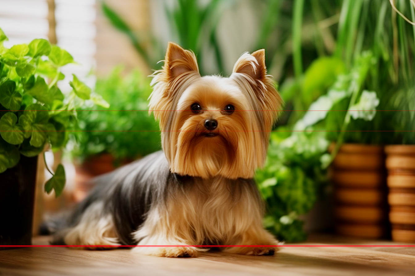 A picture of a Yorkie with silky fur is lying on a wooden floor surrounded by lush green potted plants. Its alert ears are upright, and it gazes directly at the viewer with a long beard cut straight across. The background is a well lit room that includes various leafy plants in terracotta pots.
