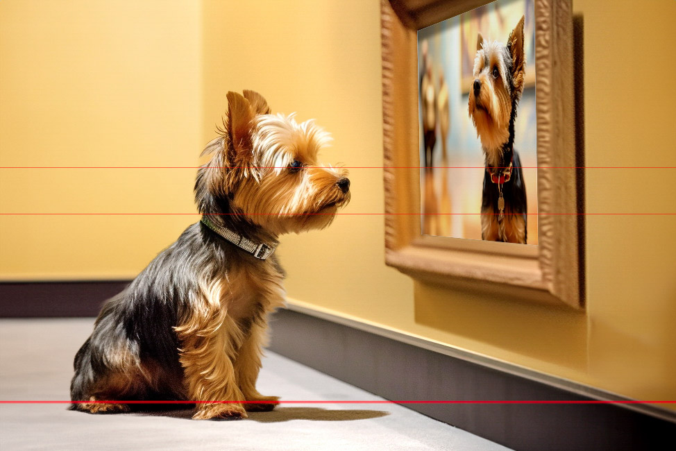 A picture of a cute little Yorkie sits on the floor in a gallery looking intently at a framed picture of another Yorkshire Terrier inside a gallery hall gazing up supposedly at another picture of a yorkie. The warmly lit scene with yellow walls, highlights the Yorkie’s fur and wooden frame.