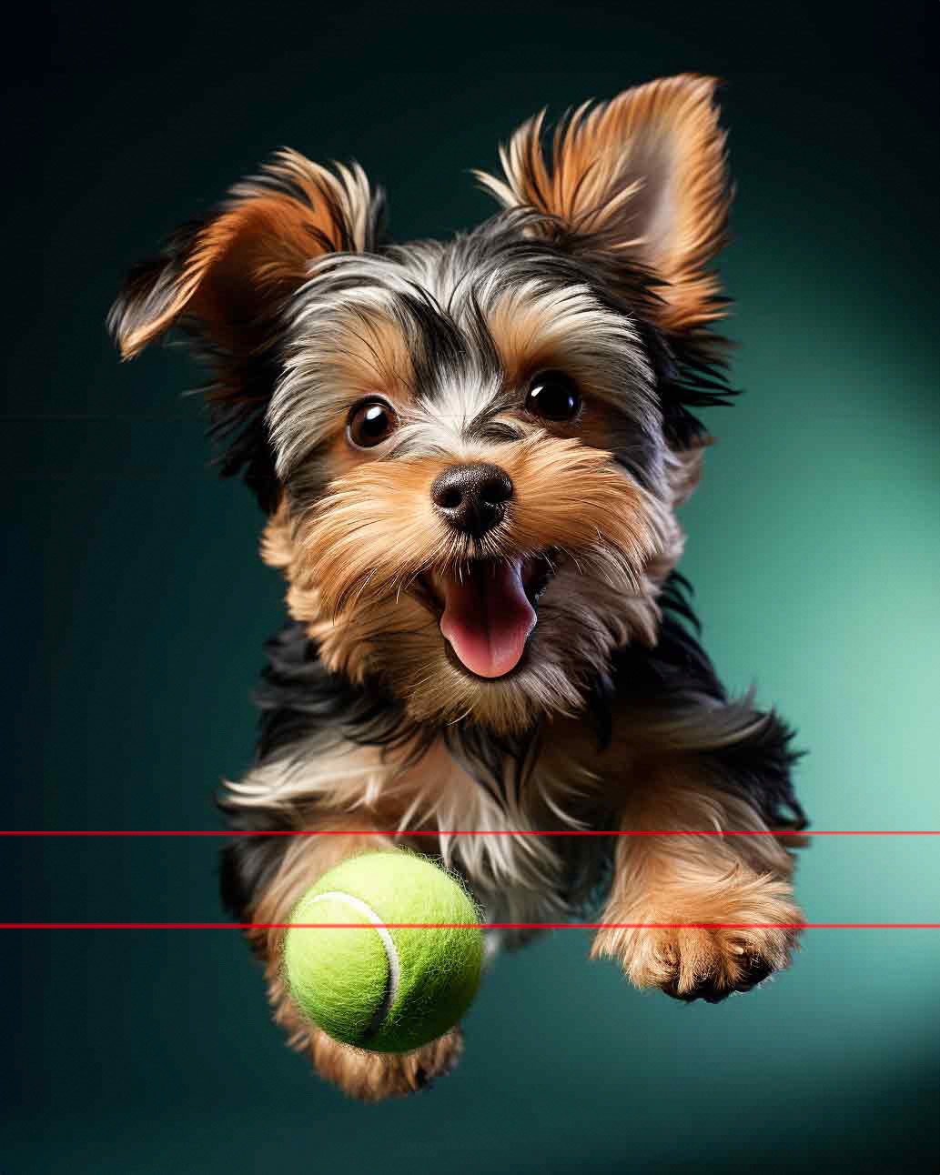 A picture of an excited Yorkie puppy is mid-jump, facing the viewer with its mouth open and tongue slightly out, suggesting a playful expression. The Yorkshire Terrier's paws are reaching forward, touching a green tennis ball. The background is a gradient of dark green to light green.