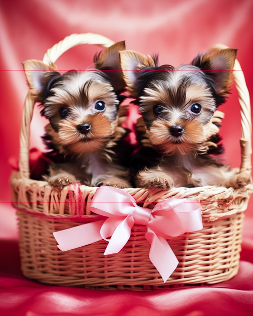 A picture of 2 yorkie puppies sitting inside a wicker basket with a pink ribbon, against a softly draped red backdrop. Their faces express curiosity, with prominent shiny eyes and erect ears.