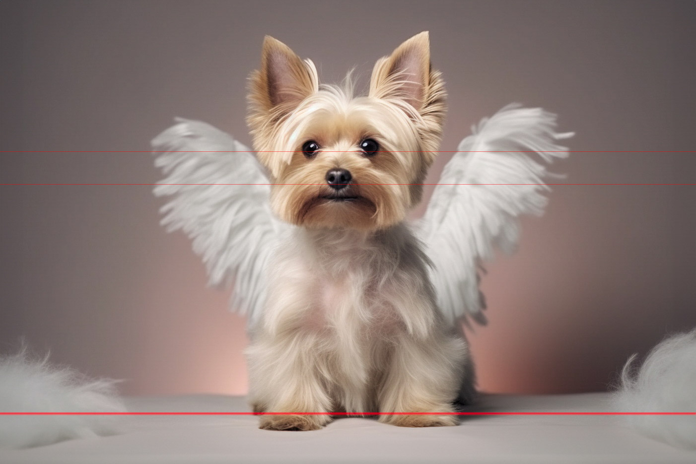 A picture of an angelic Yorkie is sitting upright with white, feathered angel wings attached to its back. The dog's fur is neatly groomed, and it gazes directly at the viewer. The background is softly lit with a gradient from dark to light, creating a warm, gentle ambiance.