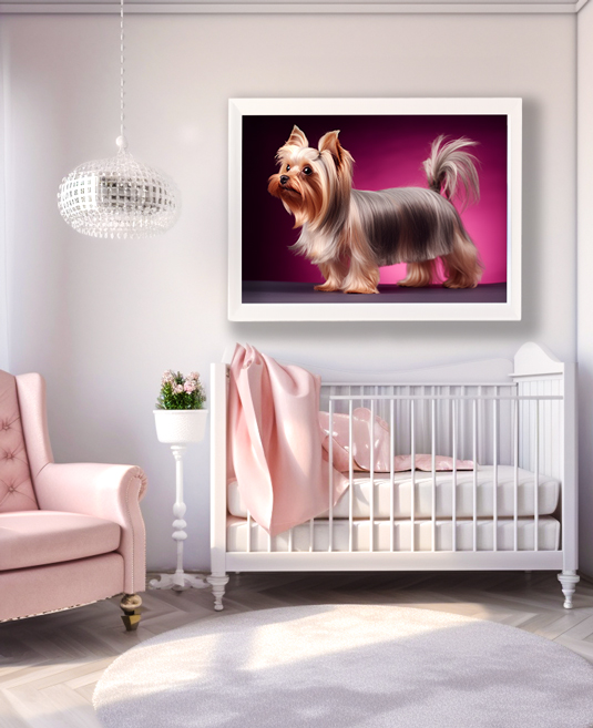 A chic nursery features a white crib with a pink blanket draped over it. Nearby, a pink cushioned armchair and a small white table with a potted plant add charm. Above the crib, a large artwork of a Yorkshire Terrier on a vibrant pink background hangs on the wall, complemented by a modern chandelier.