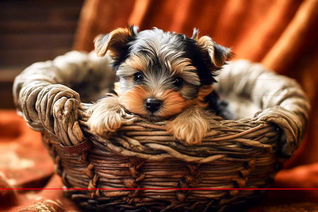 A picture of a fluffy Yorkie puppy with black and tan fur peeking over the edge of a handwoven basket. The Yorkie’s ears are folded, and it has a curious expression on its face.