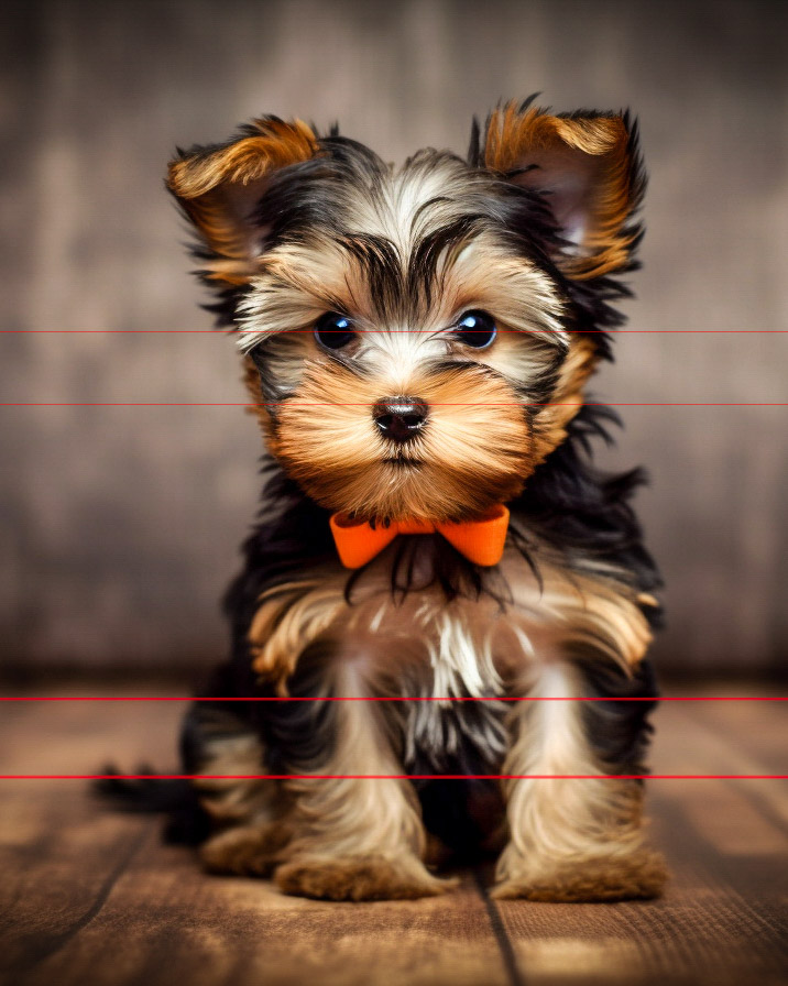 A picture of a petite Yorkshire Terrier puppy with a black and tan coat sits on a wooden floor against a blurred brown background. The Yorkie is wearing an orange bow tie around its neck, its ears are perked up with a fold at the top. The puppy’s eyes are wide and expressive, giving it an adorable and alert appearance.