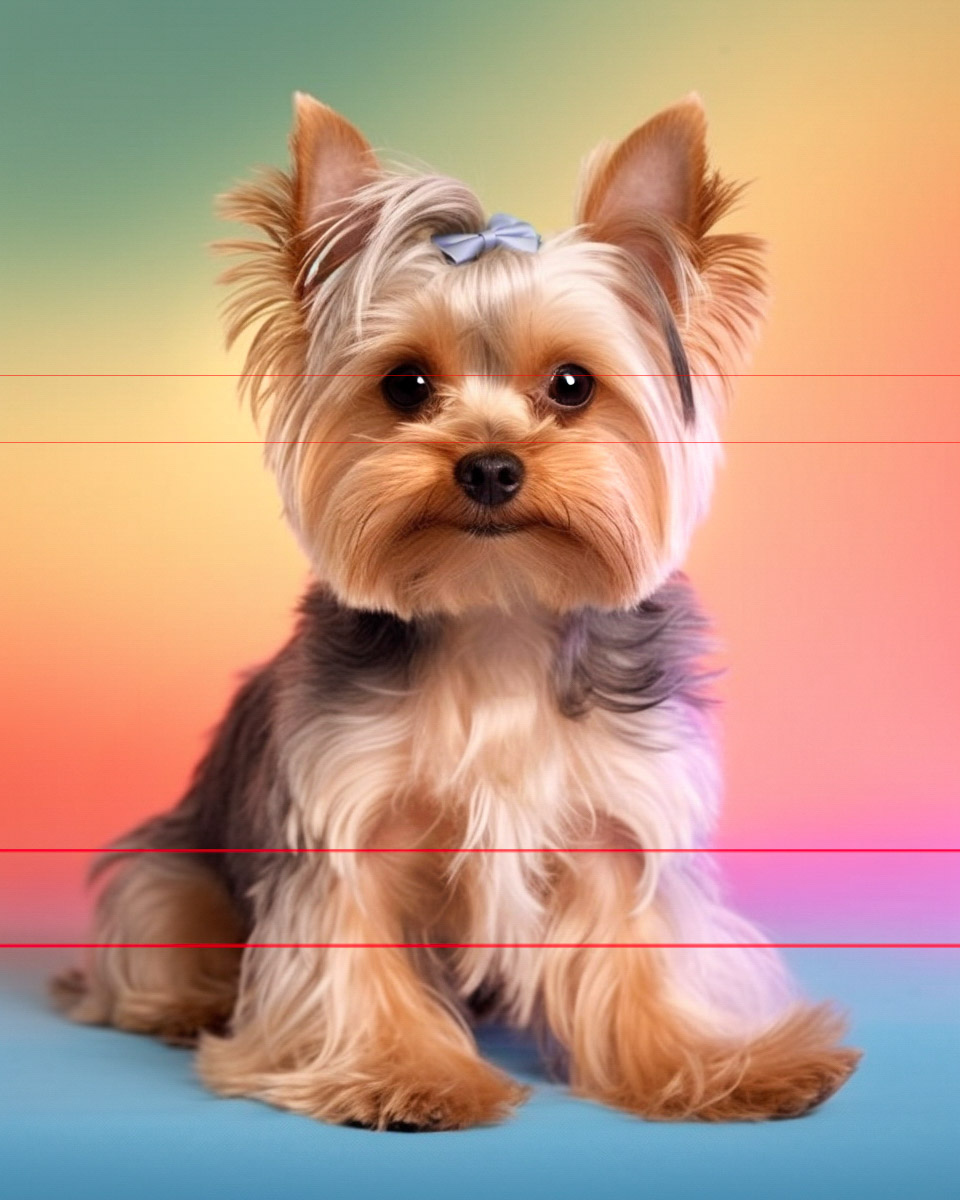 A picture of a Yorkshire Terrier with silky, tan and silver gray coat, sits against a colorful rainbow gradient background. perked ears, tiny gray silk bow topknot, Mona Lisa smile. Background blends green to yellow, orange, red, blue.