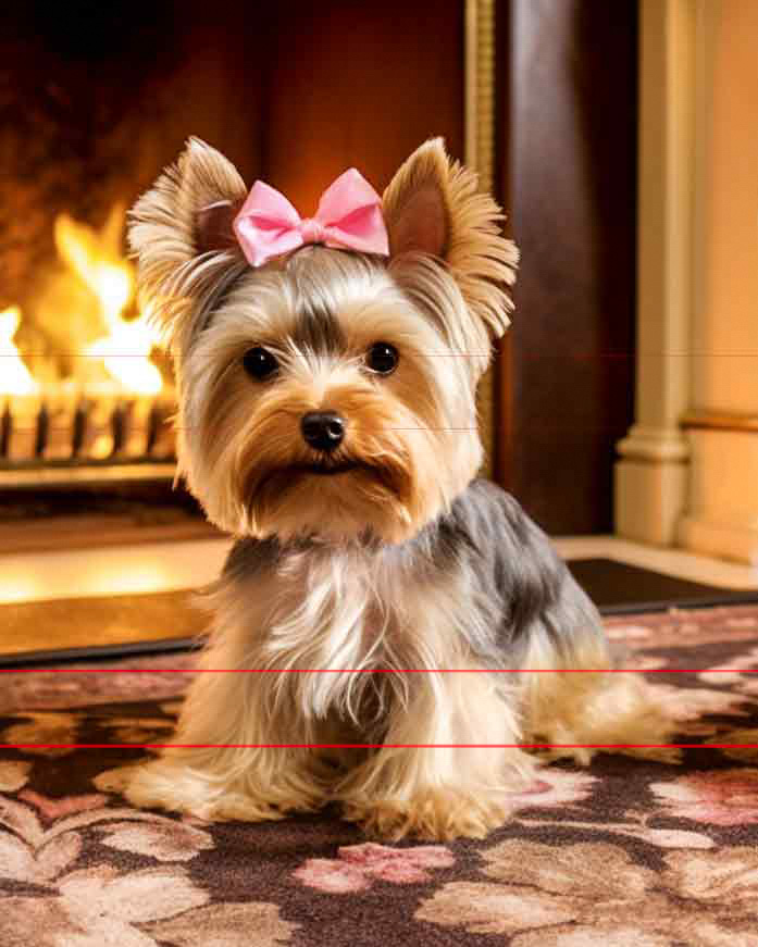A picture of a Yorkie with fluffy, groomed fur sits on a floral rug in front of a fireplace. The dog has a pink bow atop its head and appears to be attentively looking at the viewer. The cozy fireplace in the background adds to the warm, homely atmosphere.
