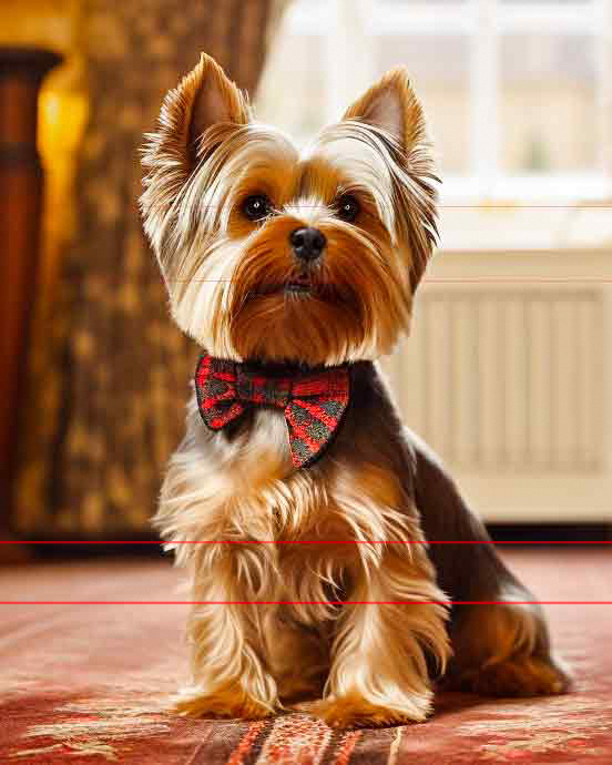 A picture of a small Yorkie with a long, silky coat sits indoors on a red and beige patterned rug. The dog is adorned with a red and black plaid bow tie around its neck. The background includes a curtain and a window with white blinds, allowing natural light to fill the room.