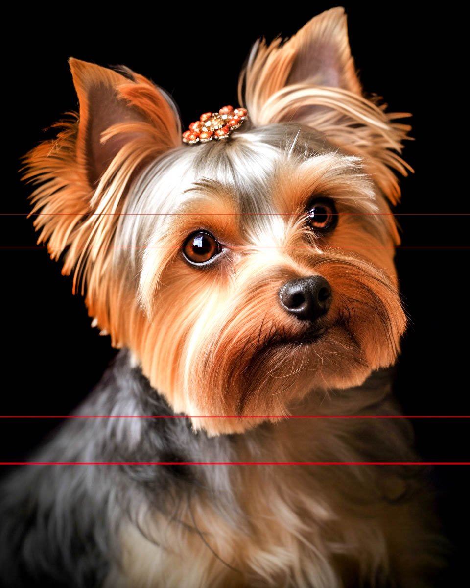 A picture of a Yorkie with a neatly groomed coat and a small jeweled hair clip looks attentively at the viewer. The background is black, highlighting the Yorkshire Terrier’s expressive eyes and well-maintained, tan and silver fur.