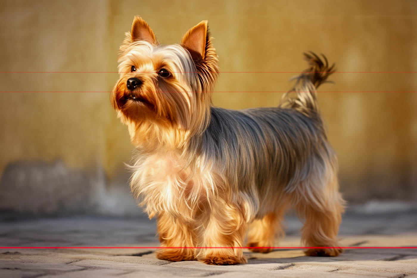A picture of a Yorkie stands on a sunlit, outdoor stone surface with long, silky fur in a mix of golden brown and silver hues. Its ears are perked up, and it looks alert, gazing into the distance. The background is softly blurred with warm tones, highlighting the Yorkshire Terrier.