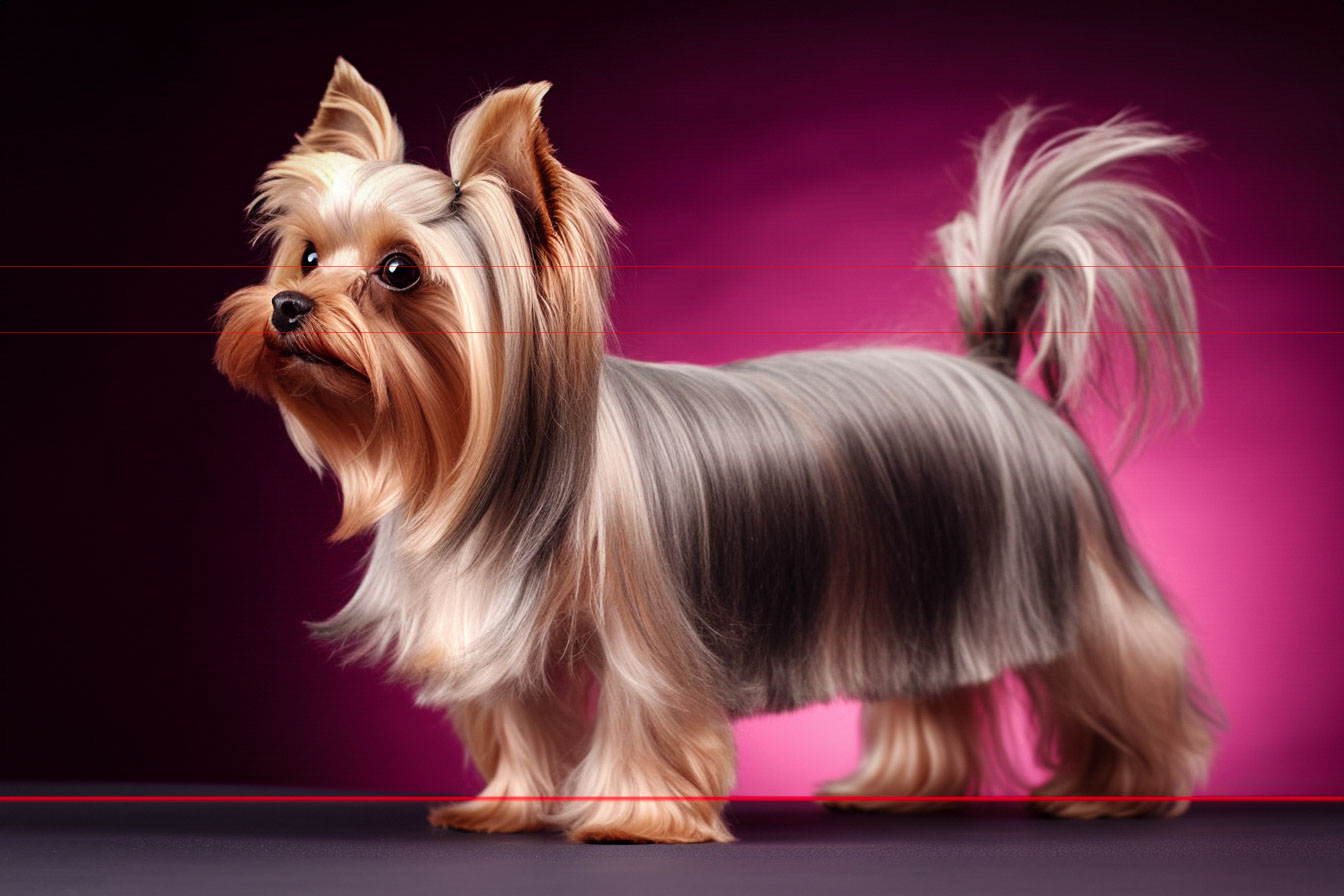 A picture of a perfect Yorkie with silky, long fur against a vibrant pink background. The dog's coat is meticulously groomed, its fur flowing smoothly down its sides and bluntly cut along the bottom at elbow length.