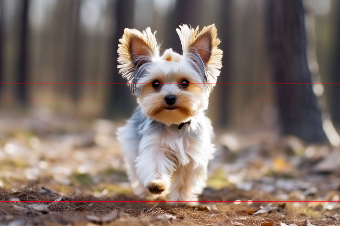 A picture of a petite short-legged Yorkie with tan and gray fur runs towards the viewer in a forest. Its large ears are perked up with sunlight highlighting the hair standing out from the edges, and its black nose and dark eyes stand out against the lighter fur. The ground is covered in fallen leaves and pine needles, with tall trees blurred in the background.