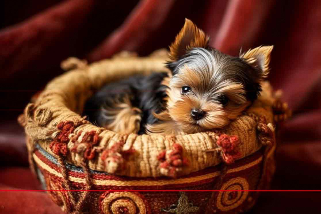 A picture of a tiny yorkshire terrier puppy lying comfortably inside a decorative, red and gold woven basket with tassel details, set against a rich red draped background. the puppy has shiny, silky fur with black, tan, and gray colors.