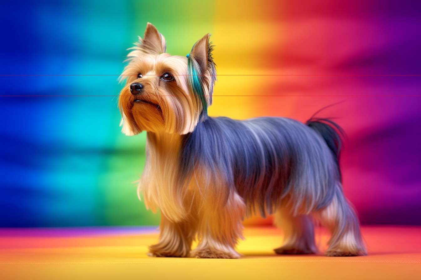 A picture of a Yorkshire Terrier stands against a vibrant rainbow striped background, with its silky silver and tan coat neatly groomed and ears perked attentively, a toussel of died blue hair comes down from one ear. The coat is straight and cut paralell with the floor beneath its elbows.