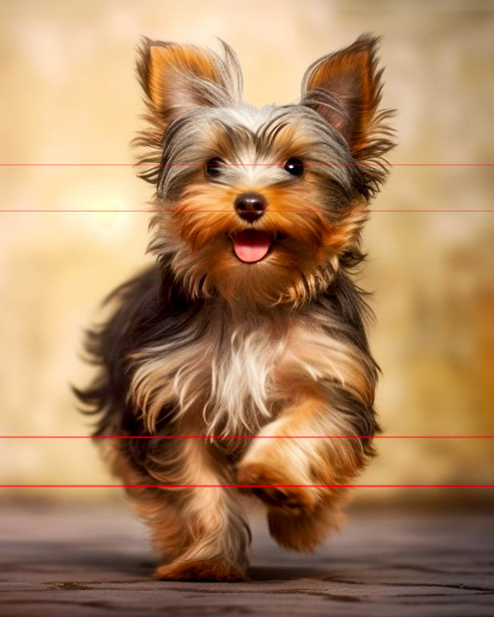 A picture of a robust, joyful and energetic Yorkshire Terrier with a silky coat in standard Yorkie colors, is running towards the viewer with its tongue out and ears perked up. The background is a blurred warmly lit wall and a wooden floor.