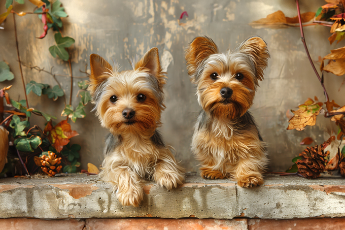 In this vintage style painting, 2 Yorkshire Terrier puppies sit side by side on an English Garden wall with wild flowers. Their playful expressions radiate warmth and companionship.