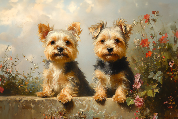 In this vintage style painting, 2 Yorkshire Terrier puppies sit side by side on an English Garden wall with wild flowers. Their playful expressions radiate warmth and companionship.