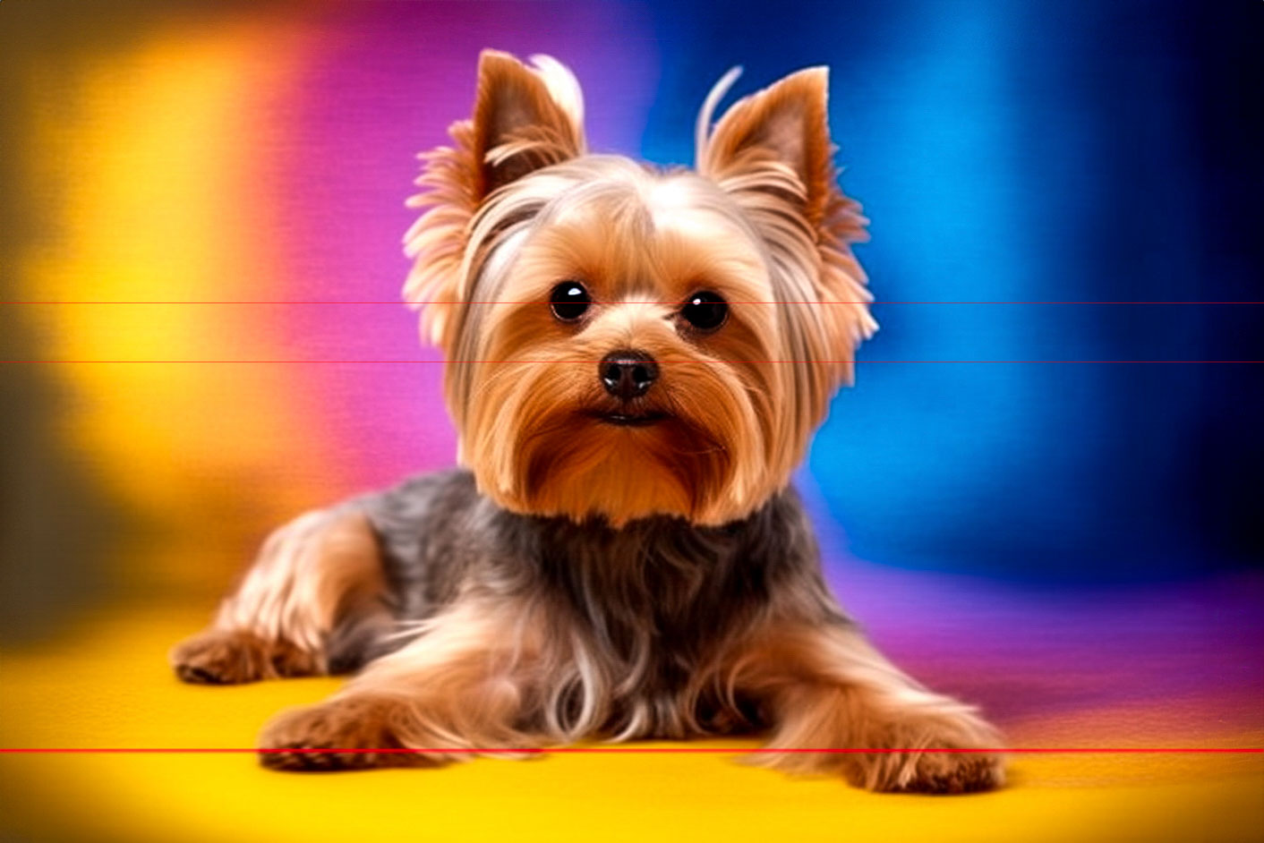 A picture of a Yorkshire Terrier with silky fur lies down on a vibrant yellow surface. The Yorkie has an alert and attentive expression, with its ears perked up. The background features a colorful, blurred gradient of blue and pink hues, adding a lively and playful atmosphere to the image.