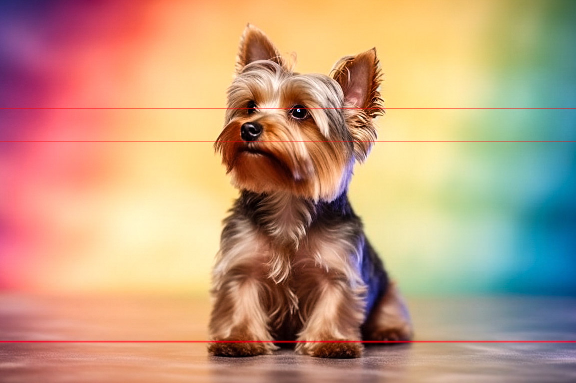 A picture of a lovable little Yorkie sits amidst a kaleidoscope of rainbow colors. Its ears are perked up and it wears a gentle expression with its black eyes and nose as it gazes up to the side.